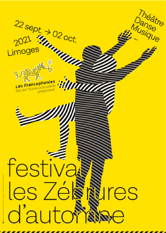 Affiche du festival Les Zébures. Sur un fond jaune, deux silhouettes humaines s'entrechoquent. Elles sont colorisées en gris.