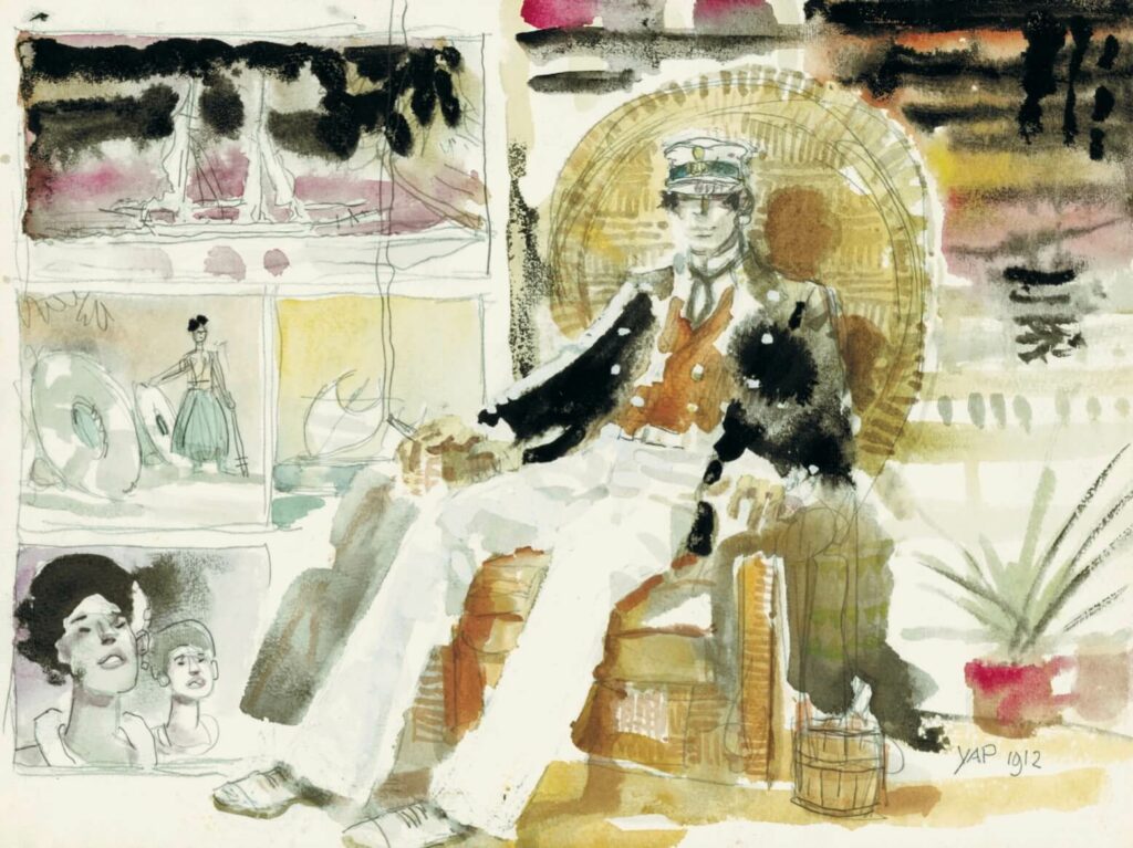 Planche de dessin du style aquarelle minimaliste, peu de crayon : Elle représente Corto Maltese, en costume de marin, assis dans un large fauteuil en osier avec une cigarette allumée à la main. Le décor : une pièce du type salon, avec des dessins de bateaux sur le mur. Les tons prédominants sont beige et marron, quelques touches de noir et une pointe de violet.