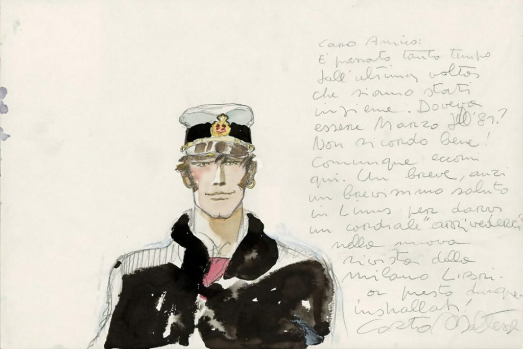 C'est une planche de dessin qui représente au centre : "en buste" le personnage de Corto Maltese avec son costume et sa casquette de marin puis sur le côté droit, du haut vers le bas, les notes du créateur écrites au crayon.