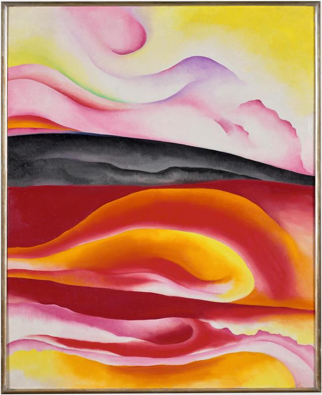 Peinture abstraite, format portrait, aux formes fluides et ondulantes, composée de larges bandes de couleurs dégradées. Des tons chauds dominent (rouge, orange, jaune, rose), contrastés par une bande sombre presque noire au centre.